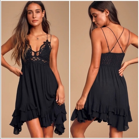 Free People Dresses & Skirts - Free People FP One Adella Mini Slip Dress Black Lace Asymmetrical Hem Small